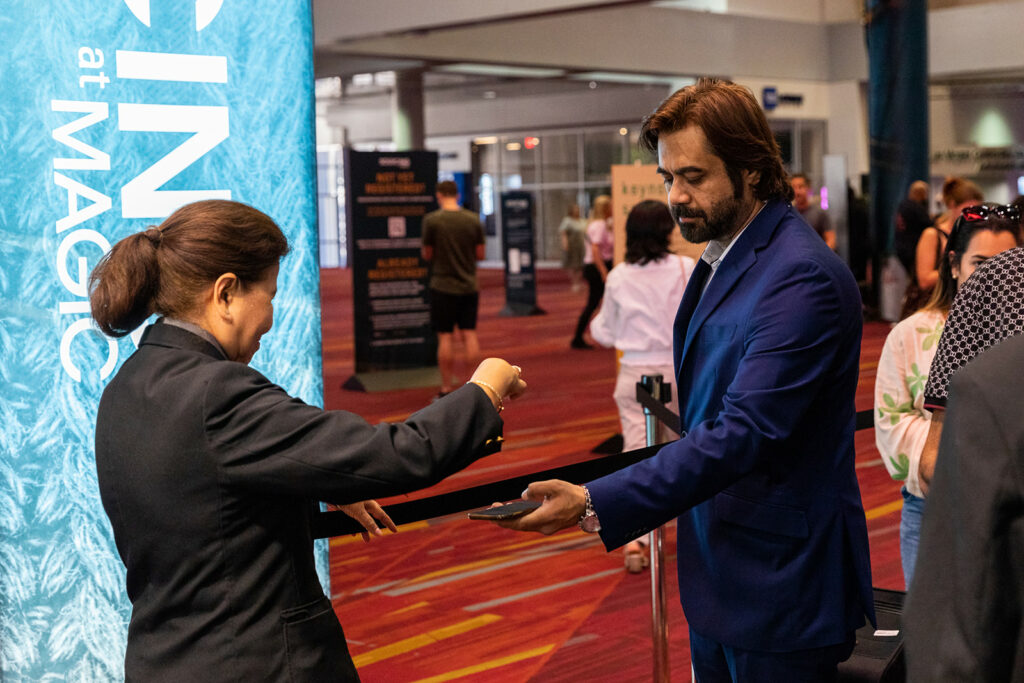 Entrants to SOURCING at MAGIC, where the new fashion technology area drew an engaged crowd.